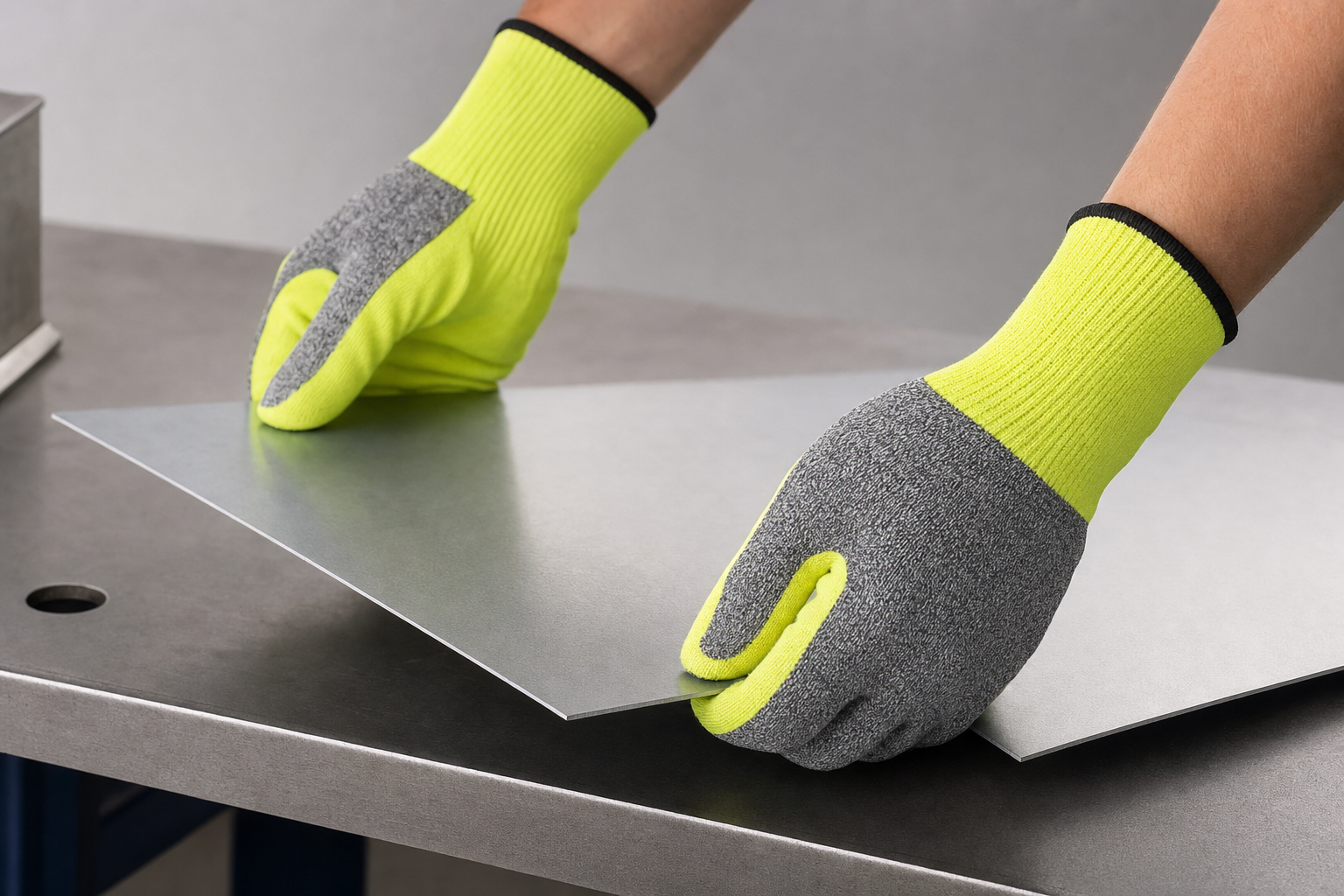 Cut-resistant work gloves gripping sheet metal