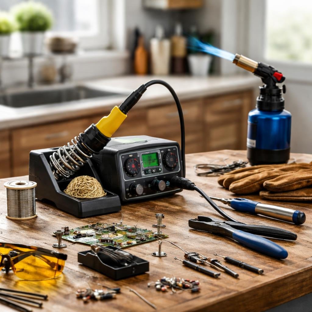 Welding and soldering supplies with wire, flux, and helmets