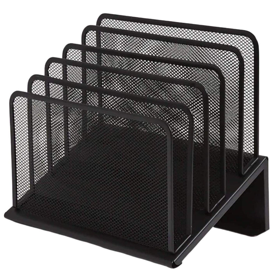 1InTheOffice metal mesh file organizer in black finish with 5 slots for organized documents.