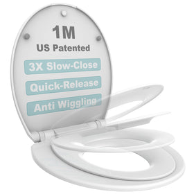 1M Family Toilet Seat with patented slow-close reduces slams and finger-pinches.