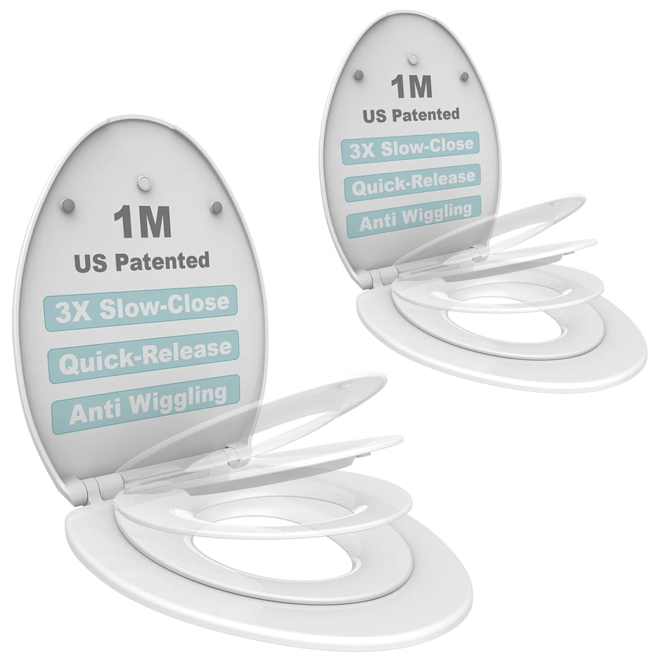 1M Family Toilet Seat with patented slow-close reduces slamming and pinched fingers