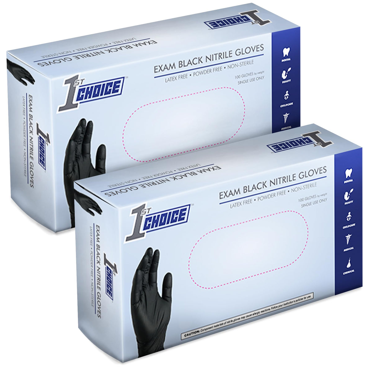 1st Choice black nitrile gloves large box front view, latex-free protection for daily tasks