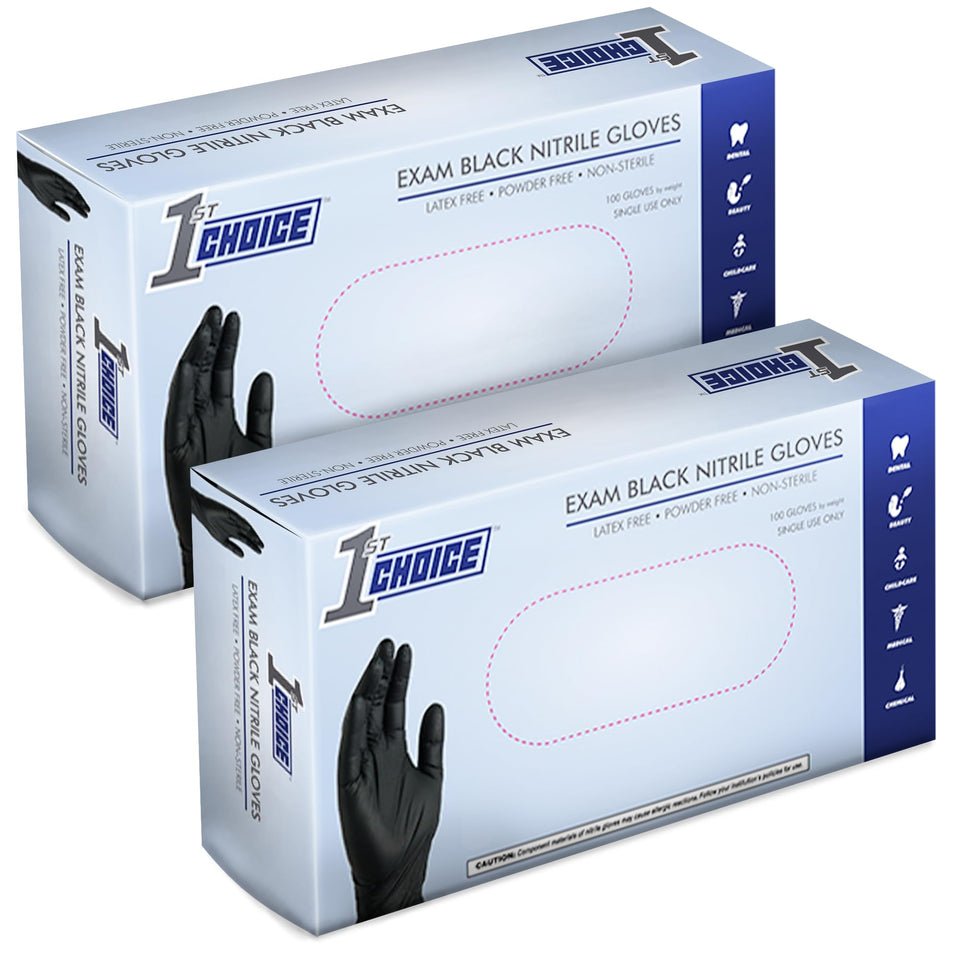 1st Choice black nitrile gloves large box front view, latex-free protection for daily tasks