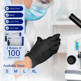 1st Choice black nitrile gloves on hand showing flexible grip and dexterity