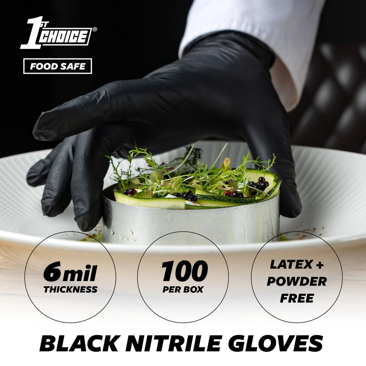 1st Choice black nitrile gloves highlight a professional look while protecting hands.