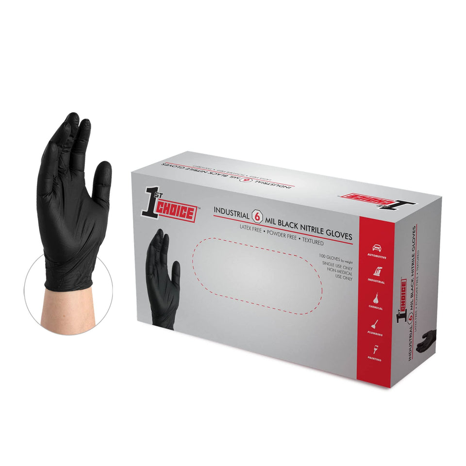 1st Choice nitrile gloves with textured grip for secure handling in wet or oily conditions.