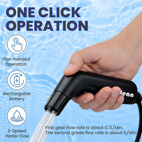 2Clean bidet USB charging illustration demonstrates on-the-go power for quick recharges.