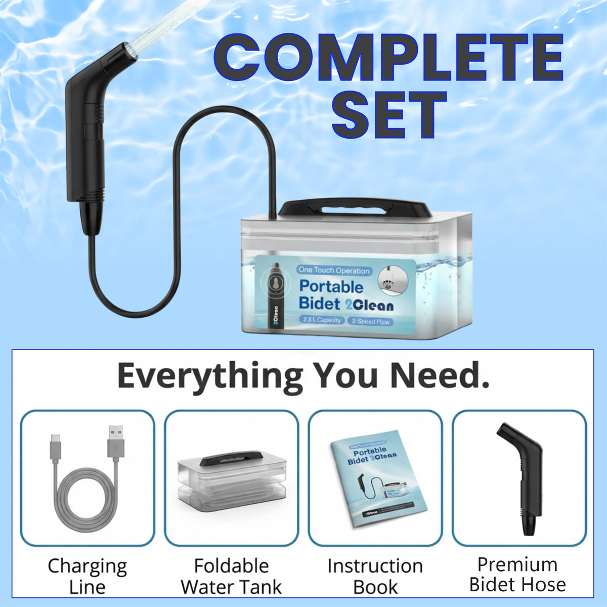 2Clean bidet water container highlights 2.3-liter capacity for extended outdoor use.