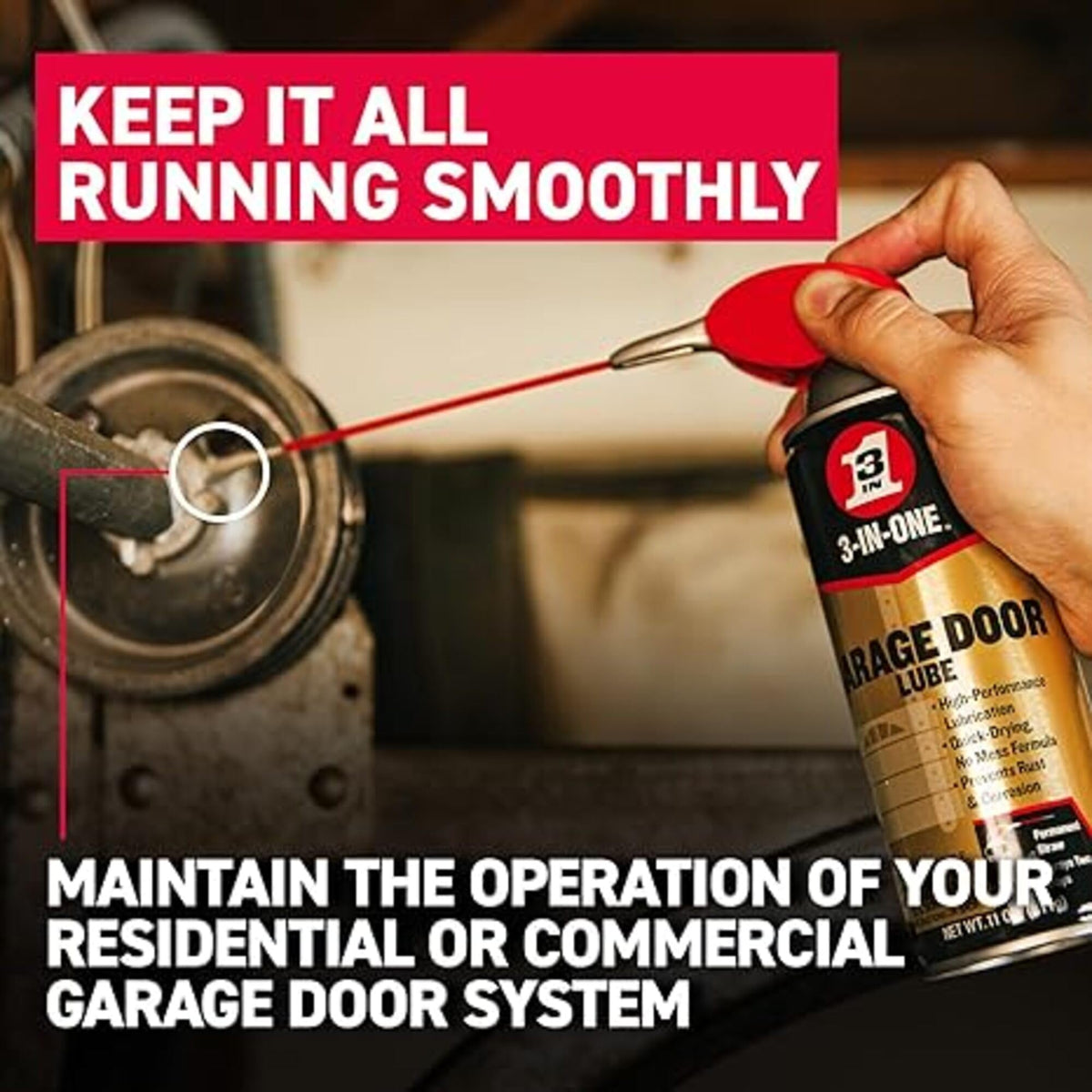 3-IN-ONE lubricates pulleys and rollers for smoother door movement
