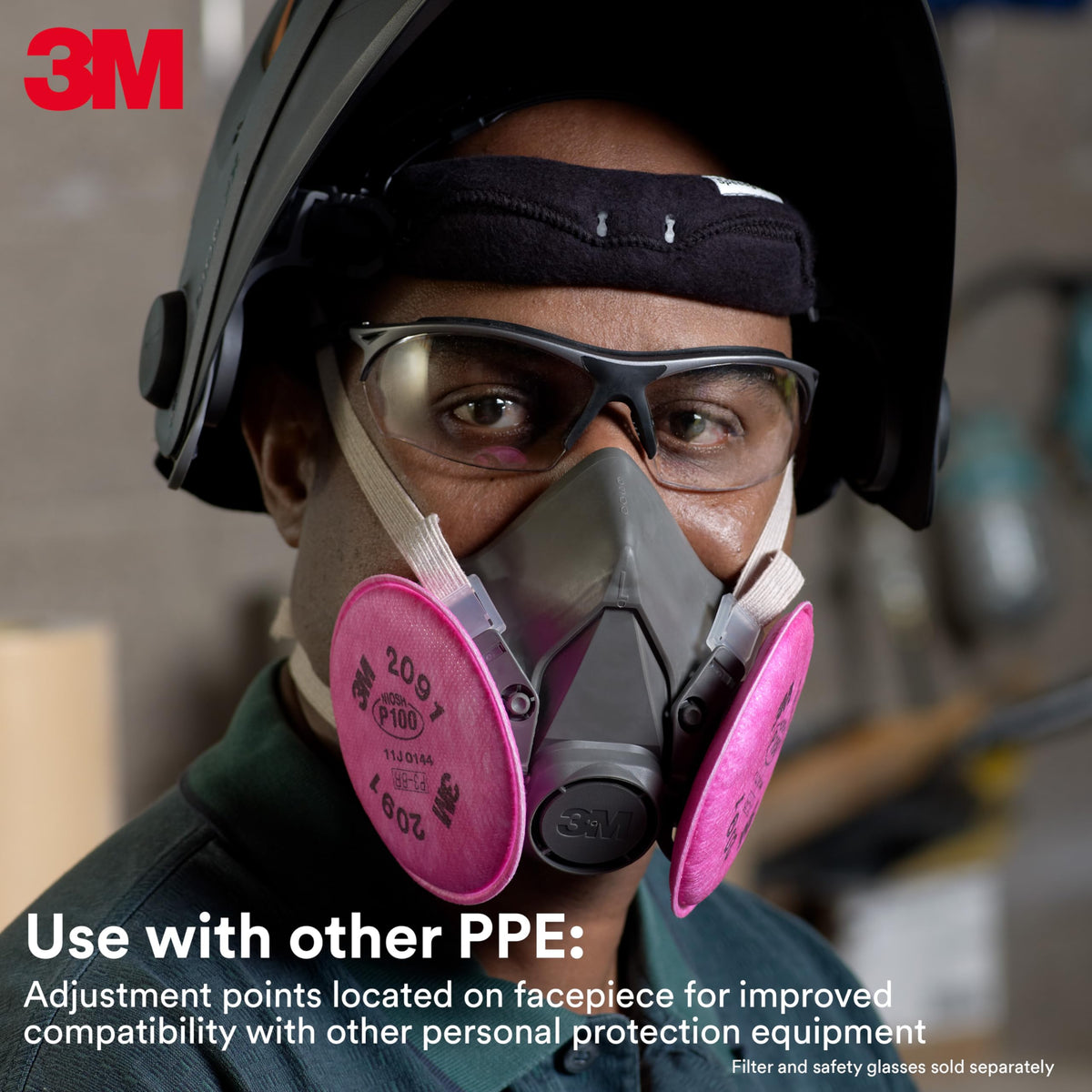 3M 6100 respirator shown with storage bag for easy cleaning and reuse