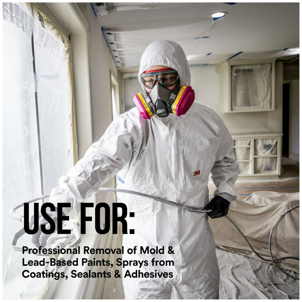 The 3M 62023 acid gas filtration close-up showing protection against cleaners and sealants.
