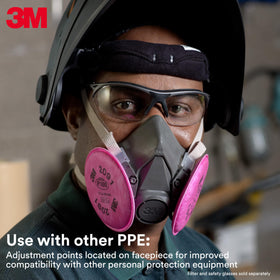 3M 6300 respirator compatible with gas, vapor, and particle cartridges.