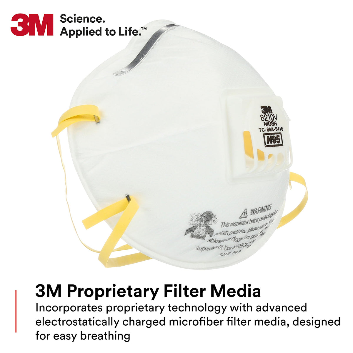 3M 8210V electrostatically charged filter media aids breathing in dusty jobs.