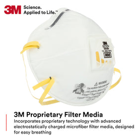 3M 8210V electrostatically charged filter media aids breathing in dusty jobs.