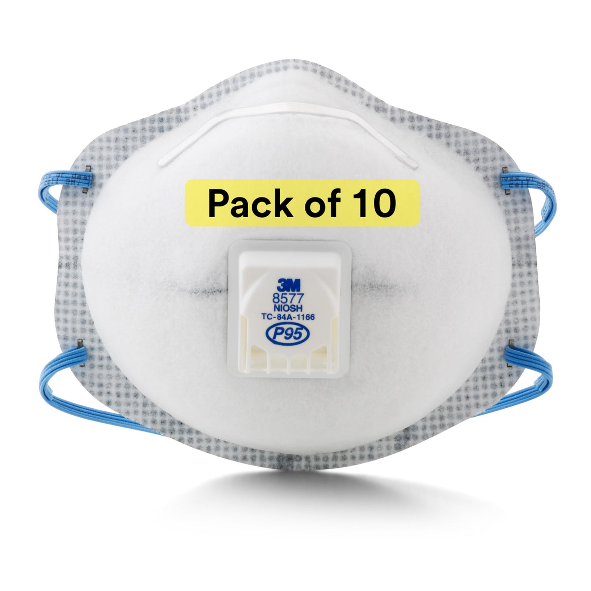3M 8577 front view respirator showing secure fit and braided headbands