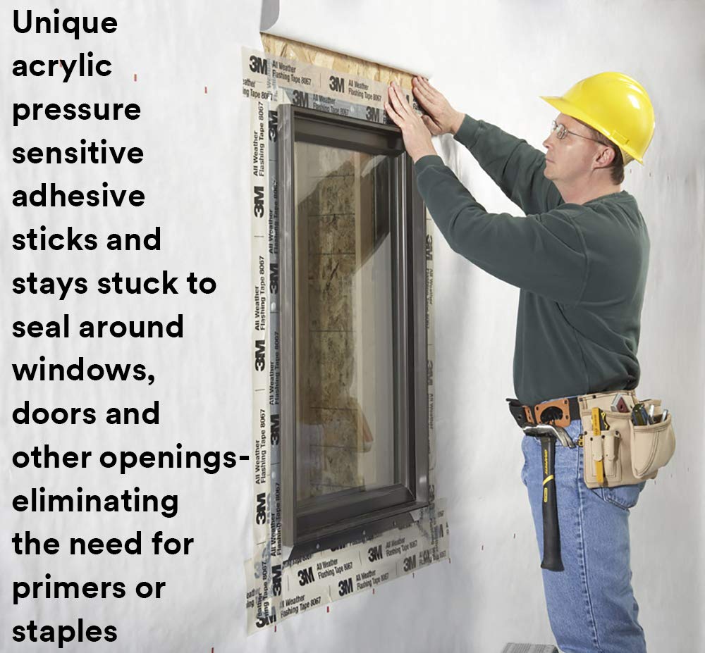 3M All Weather Flashing Tape 8067 adheres to damp surfaces for reliable sealing.