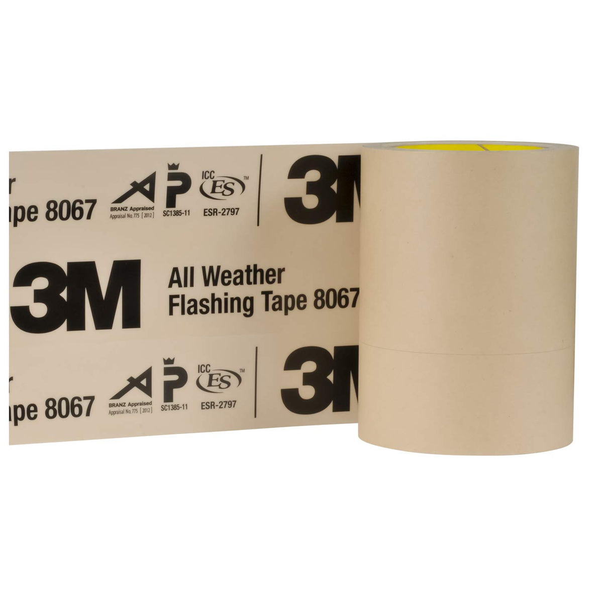 3M All Weather Flashing Tape 8067 roll close-up showing strong exterior adhesive for moisture seal