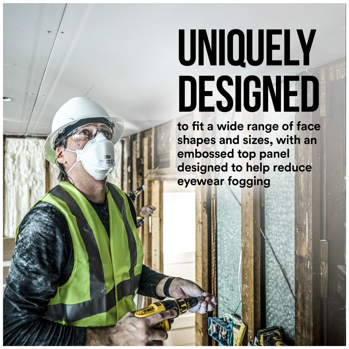 3M Aura 9205+ embossed top panel helps minimize eyewear fogging.