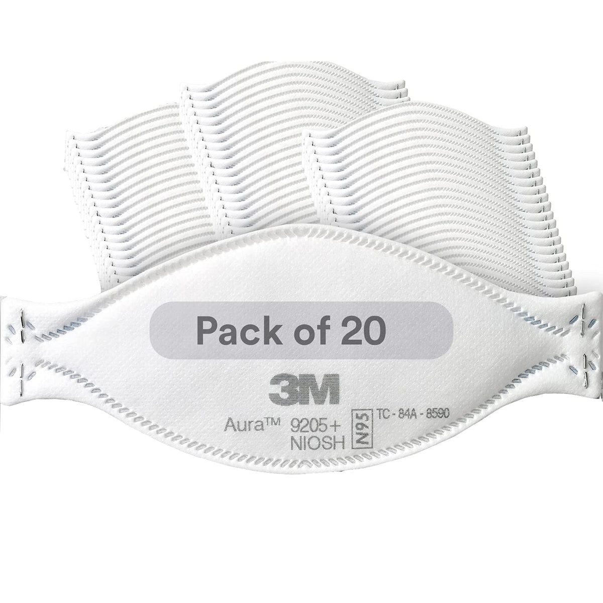 3M Aura 9205+ N95 pack-20: compact, individually wrapped respirators for easy checkout and storage.