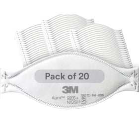 3M Aura 9205+ N95 pack-20: compact, individually wrapped respirators for easy checkout and storage.