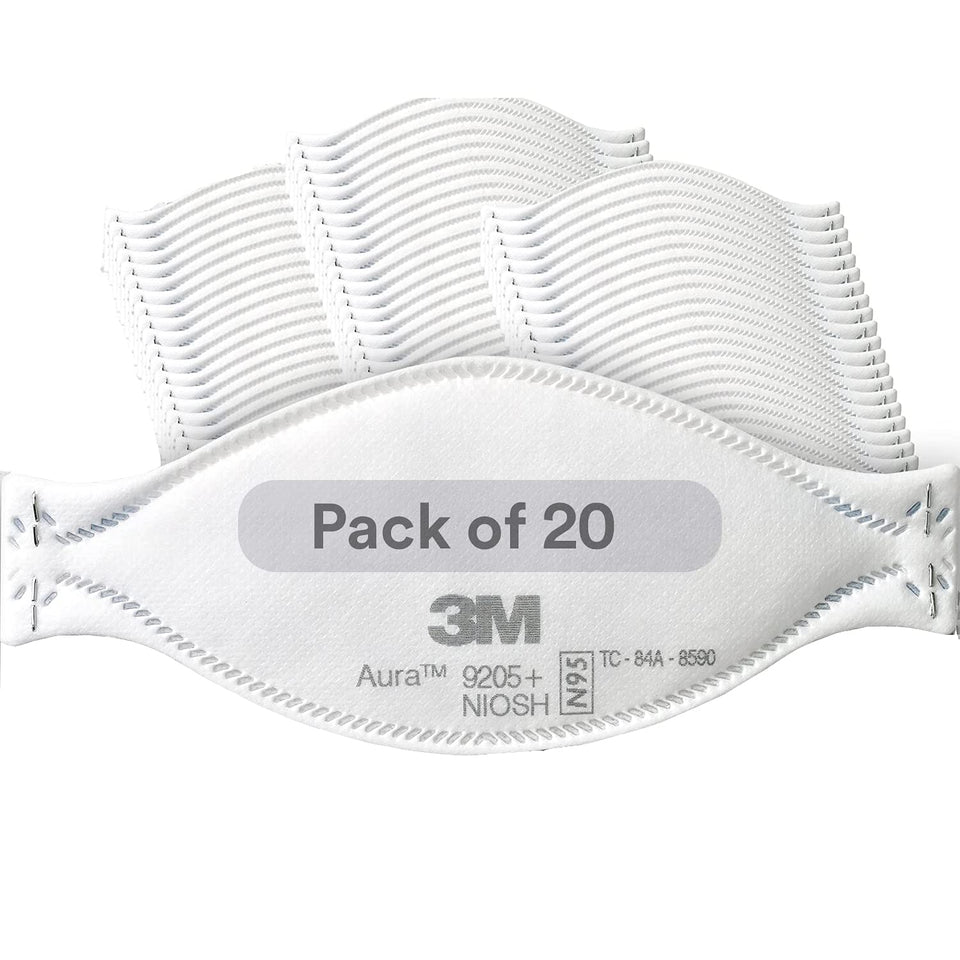 3M Aura 9205+ N95 pack-20: compact, individually wrapped respirators for easy checkout and storage.
