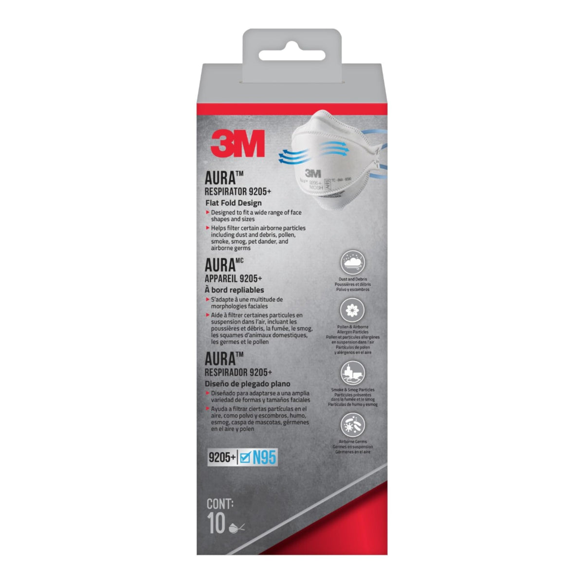 3M Aura 9205+ N95 respirator packaging shows convenient 10-pack box for easy stocking.