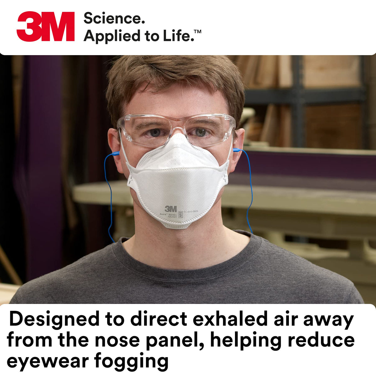 3M Aura 9210+ respirator in use with eyewear reduces fogging
