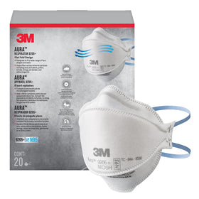 3M Aura 9205+ N95 respirator front view with flat-fold design for easy wear