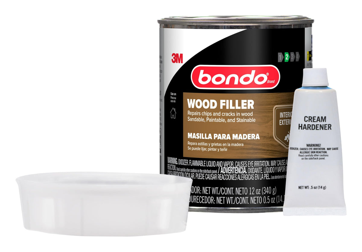 3M Bondo wood filler kit and hardener ready for repairs on wood.