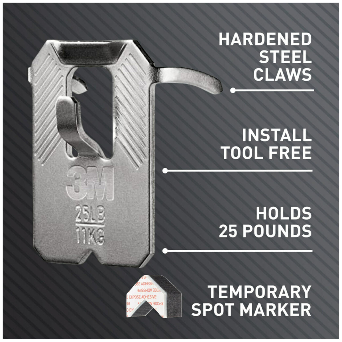 3M CLAW hardened steel claws bite into drywall for stable mounting.
