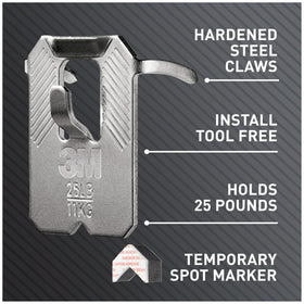 3M CLAW hardened steel claws bite into drywall for stable mounting.
