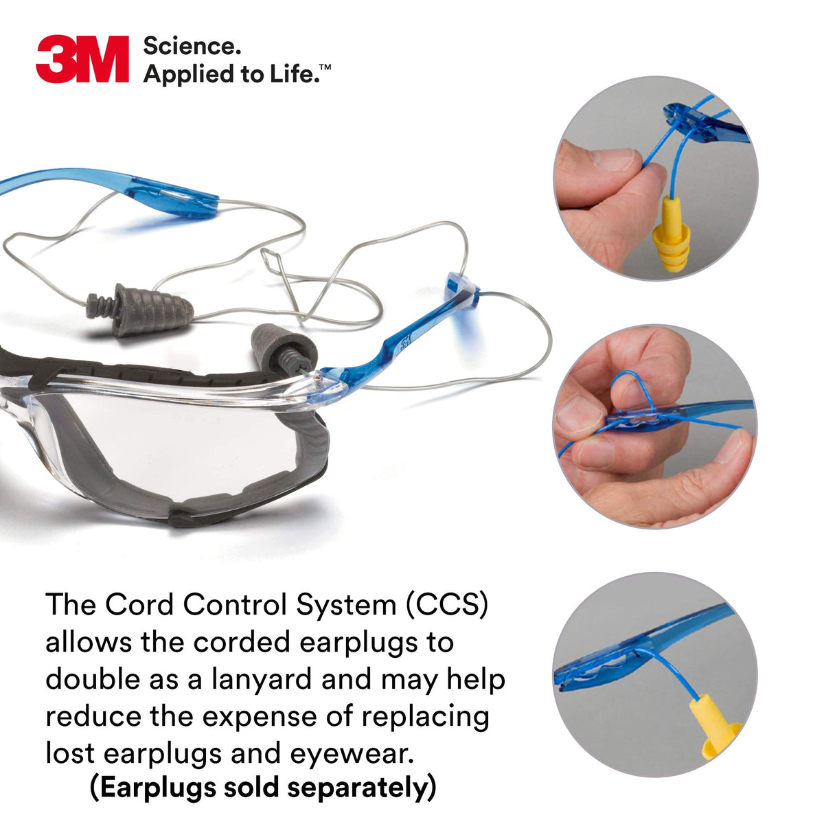 3M corded ear plug control system keeps eyewear and ear plugs together for quick access.