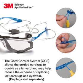 3M corded ear plug control system keeps eyewear and ear plugs together for quick access.
