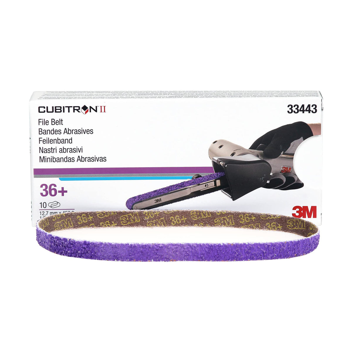 3M Cubitron II file belt 33443 on a belt sander demonstrating aggressive material removal.