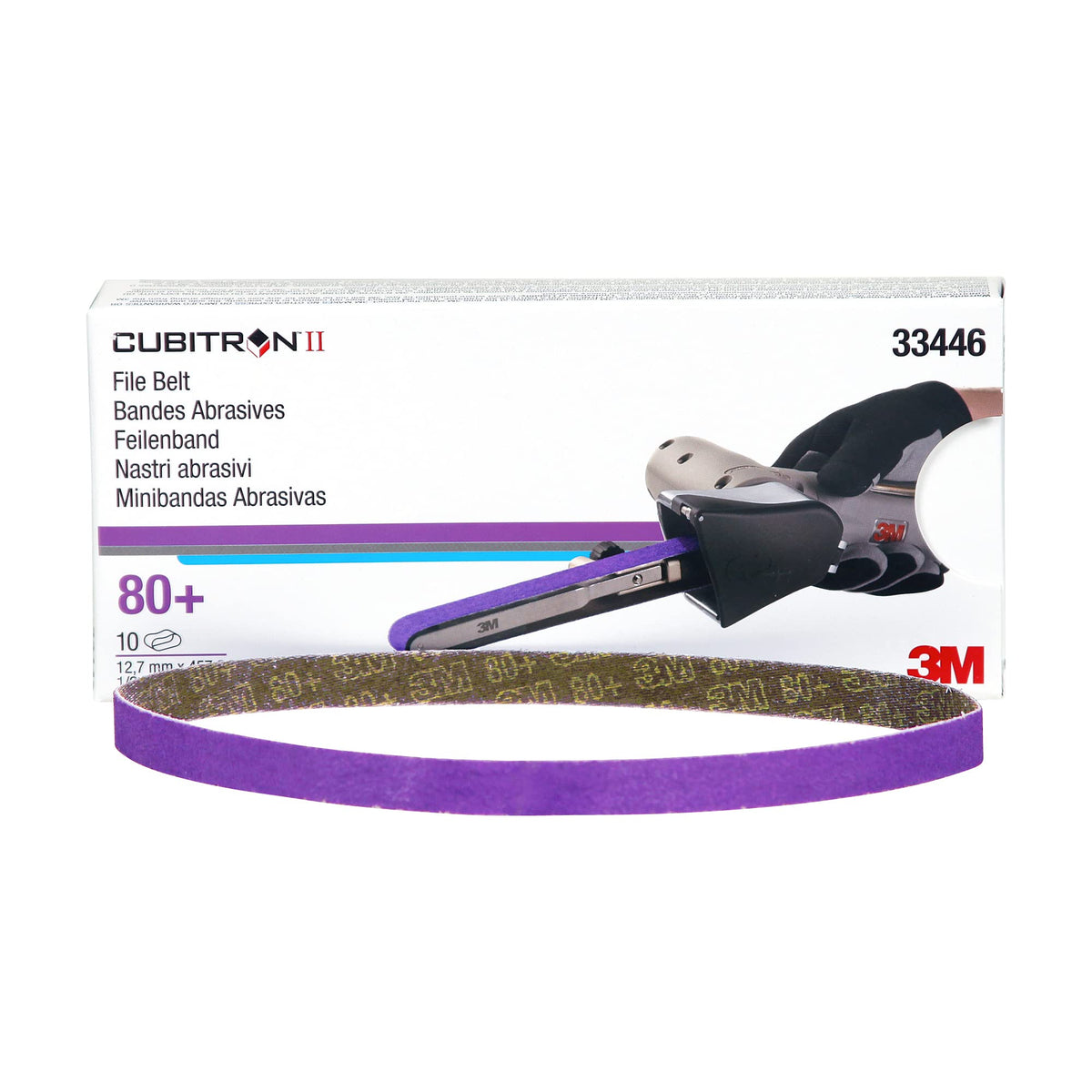 3M Cubitron II file belt 786F on metal workpiece demonstrates quick deburring potential.