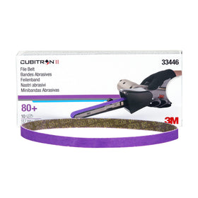 3M Cubitron II file belt 786F on metal workpiece demonstrates quick deburring potential.