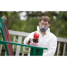 3M disposable respirator worn with safety glasses and hard hat.