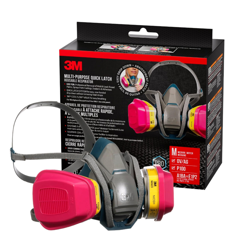 3M respirator 65023QLH1-DC with quick latch for easy on/off protection.