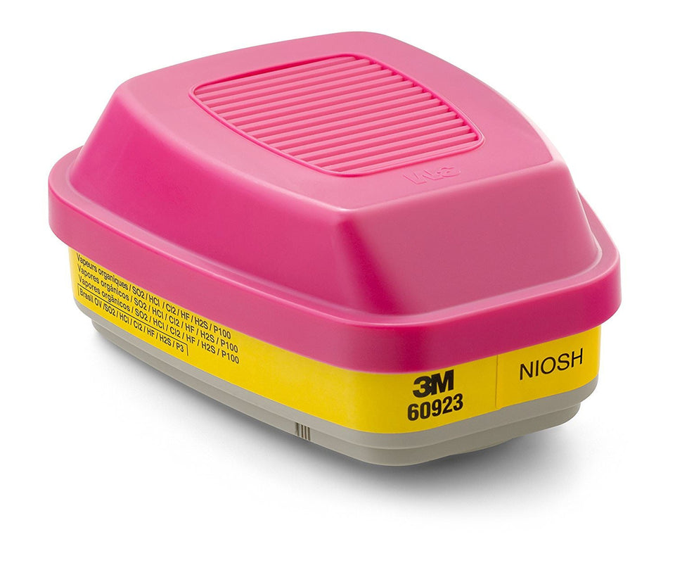 3M 60923 cartridge attached to a full-face mask for organic vapor and acid gas protection.