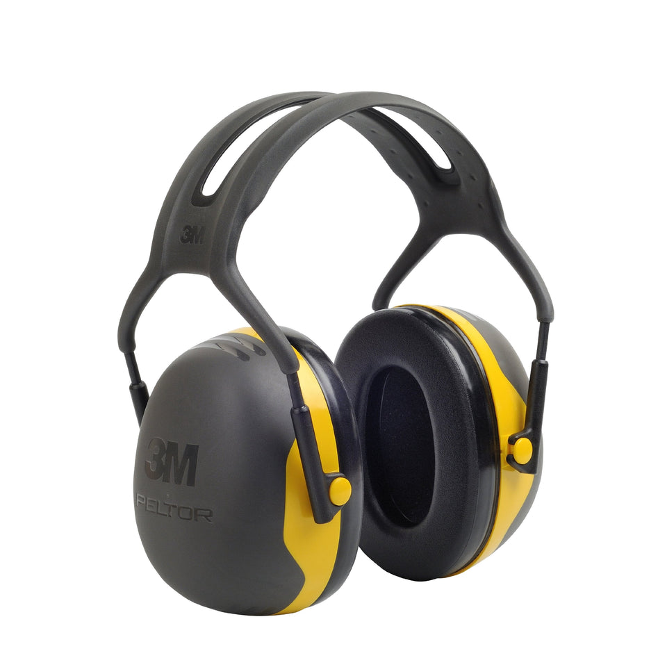 3M PELTOR X2A earmuffs over-the-head headband protect ears in noisy workshops.
