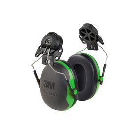3M PELTOR X1P3E earmuffs attached to a hard hat for protection
