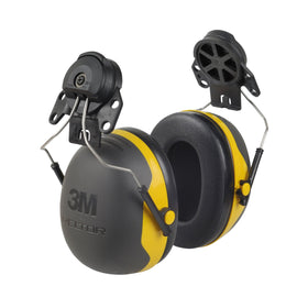 3M PELTOR X2P3E cap-style earmuffs attached to a hard hat for site use