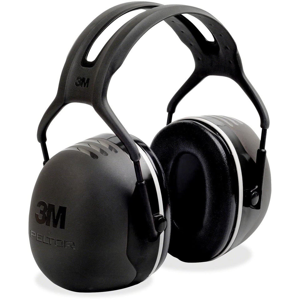 3M Peltor X5A earmuffs top view showing dielectric headband and comfortable fit for loud environments.