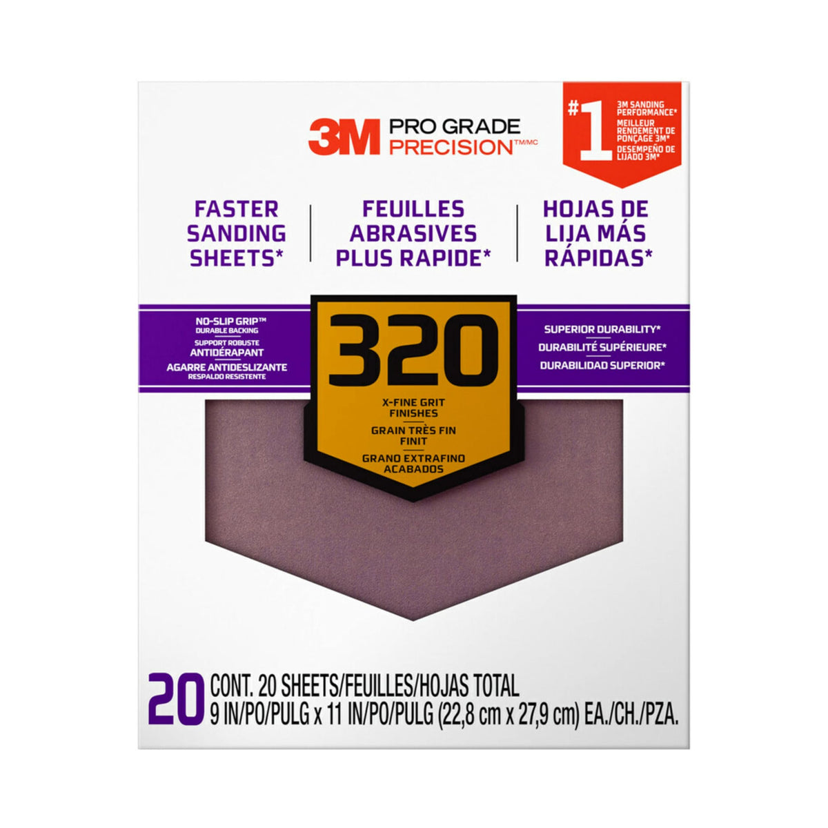 3M Pro Grade NO-SLIP 9x11 sandpaper sheet with 320 grit for precise smoothing.