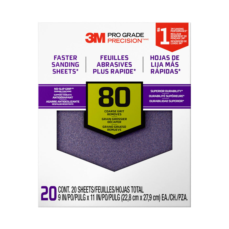 3M Pro Grade Precision 80 grit sandpaper front view with no-slip grip for fatigue reduction