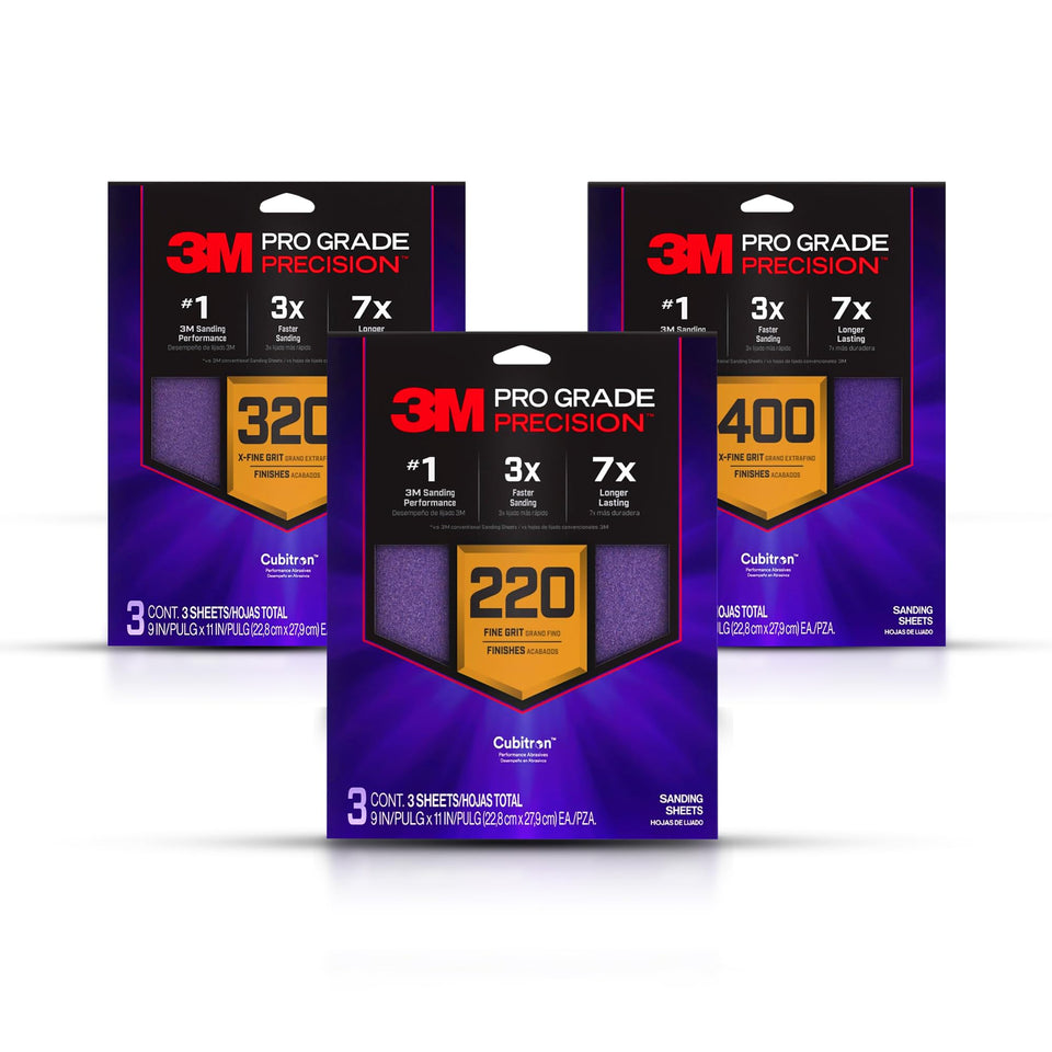 3M Pro Grade sanding sheets with No-Slip Grip backing for improved control.