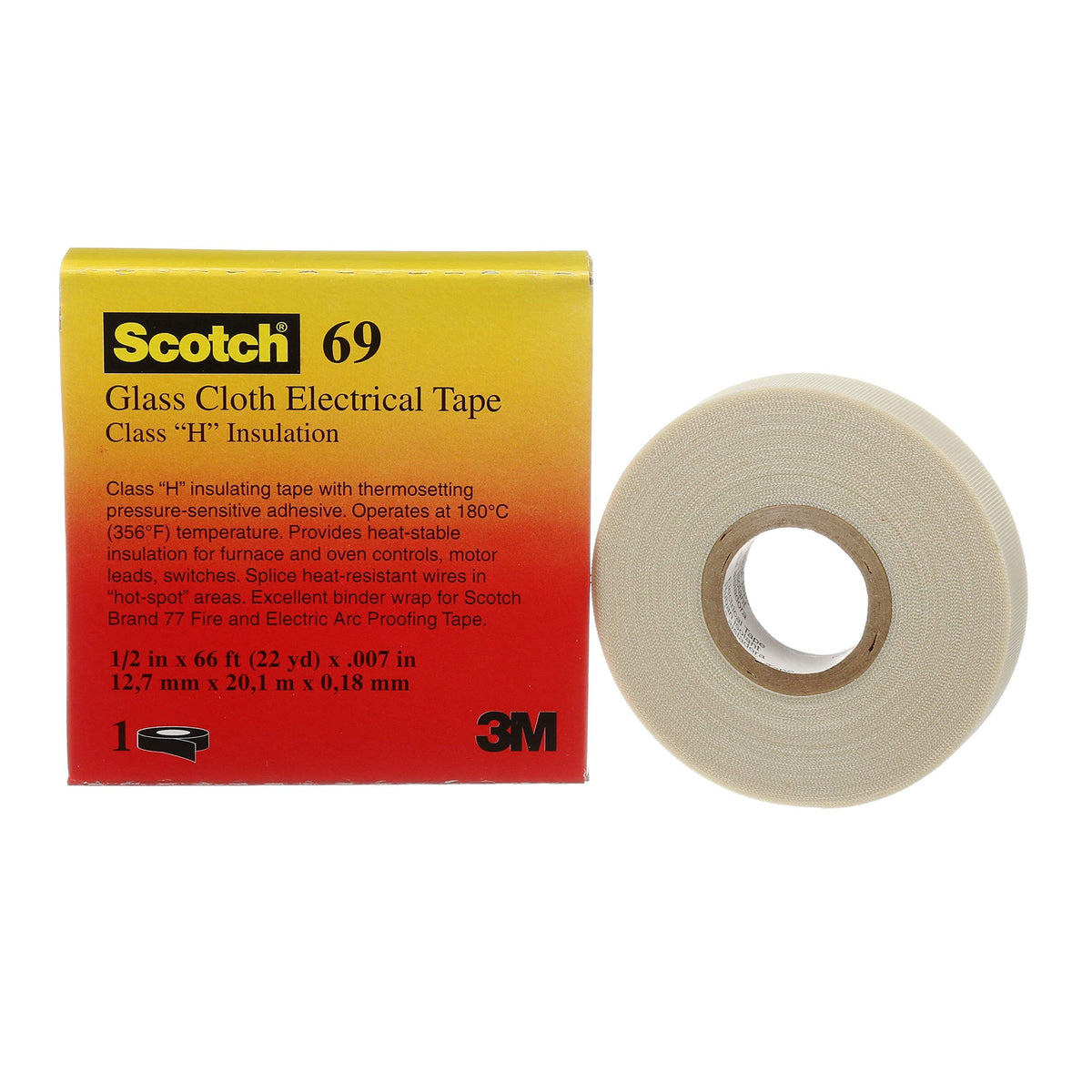 3M Scotch Glass Cloth Tape 69 roll, durable high-temp electrical insulation up to 200°C.