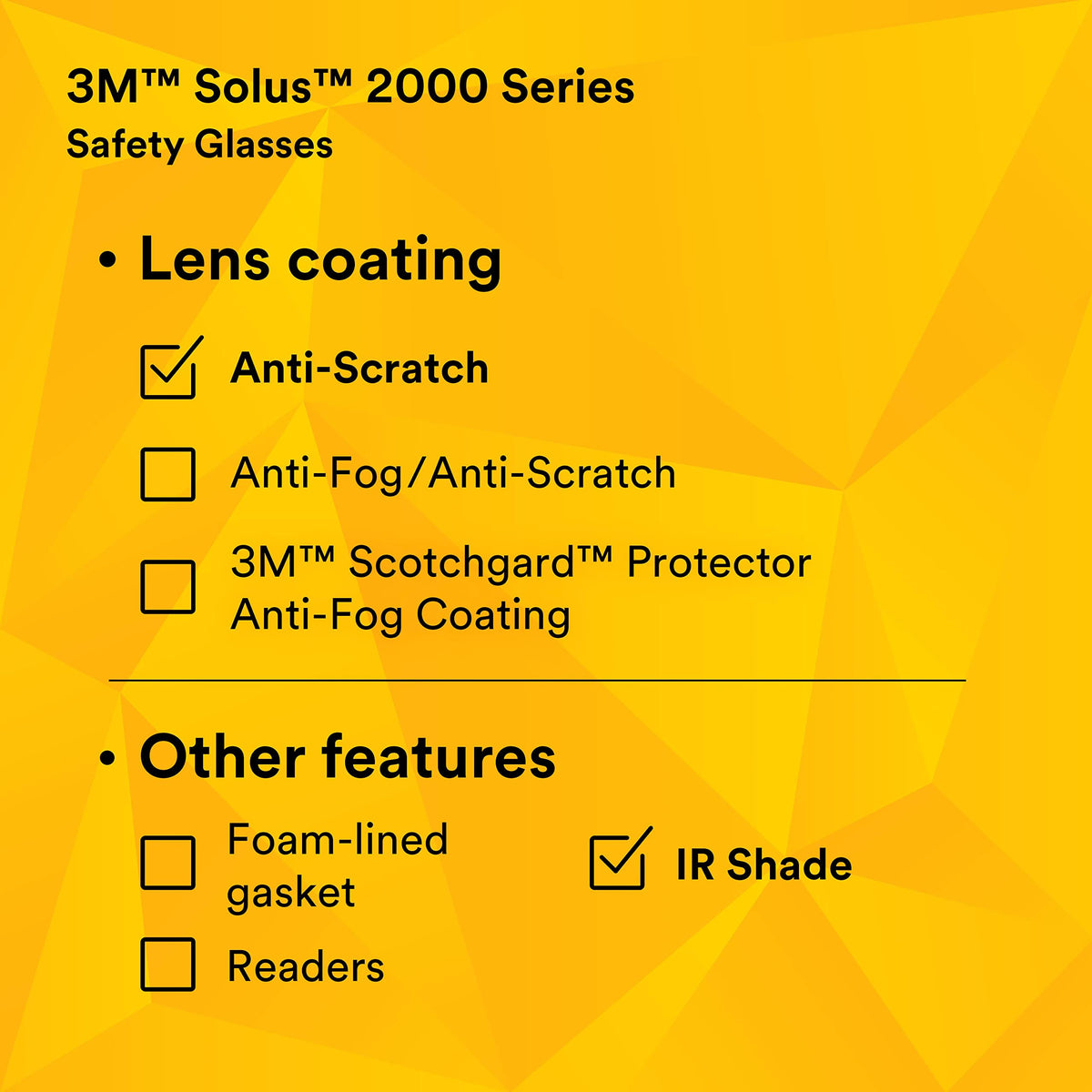 3M Solus 2000 black/green temples offer secure all-day wear.
