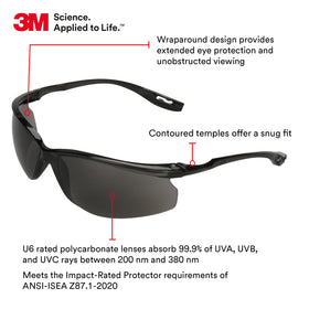 3M wraparound eye protection design provides extended field of view and safe coverage.