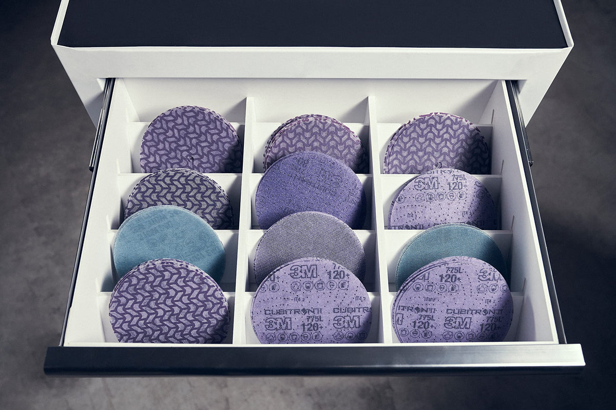 Pack of 50 discs ready for metal, wood, and composites finishing tasks.